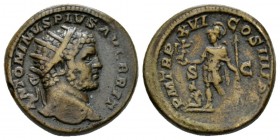 Caracalla, 198-217 Dupondius 213, Æ 26mm., 14.35g. ANTONINVS PIVS AVG BRIT Radiate head r. P M TR P XVI COS IIII P P Mars standing l., holding Victory...