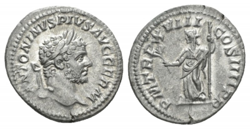 Caracalla, 198-217 Denarius 215, AR 19.5mm., 3.51g. ANTONINVS PIVS AVG GERM Laur...