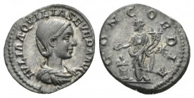 Aquilia Severa, wife of Elagabalus Denarius 220-221, AR 19mm., 3.49g. IVLIA AQVILIA SEVERA AVG Draped bust r. Rev. CONCORDIA Concordia standing l., ho...