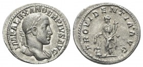 Severus Alexander, 222-235 Denarius 232, Æ 27mm., 11.65g. IMP ALEXANDER PIVS AVG Laureate bust r., drappery on l. shoulder. Rev. PROVIDENTIA AVG Annon...