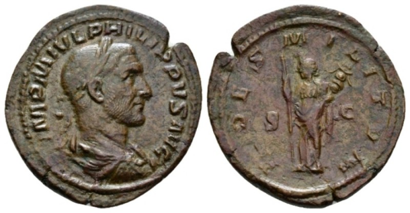 Philip I, 244-249 Sestertius 244, Æ 32mm., 17.02g. Laureate, draped, and cuirass...