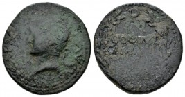 Hispania, Acci Tiberius, 14-37 Dupondius 14-37, Æ 31.5mm., 17.57g. TI CAESAR DIVI AVG F AVGVSTVS Laureate head l. Rev. COL IVL / GEM ACC within oak wr...