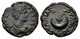 Thrace, Pautalia Geta, 209-212 Bronze 209-212, Æ 19.5mm., 3.99g. Draped and cuirassed bust r. Rev. Crescent and three stars. Varbanov 5354.

Dark pa...