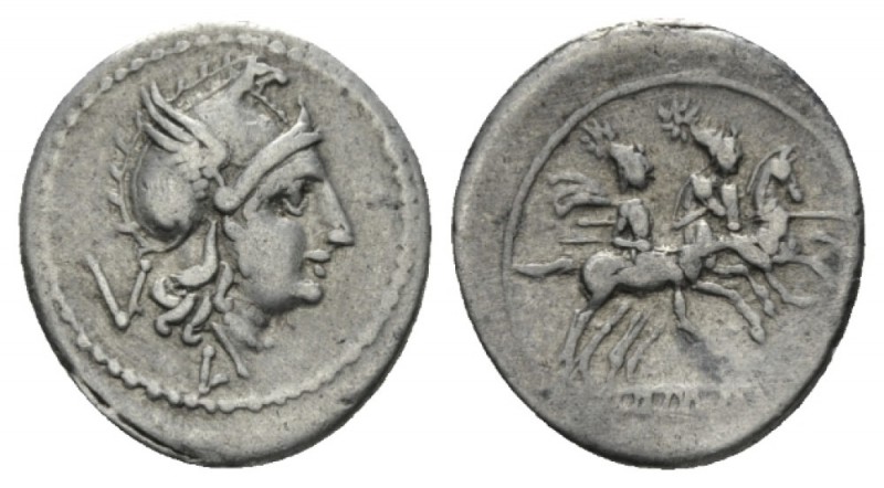 Quinarius circa 214-213, AR 16mm., 2.00g. Helmeted head of Roma r.; behind, V an...