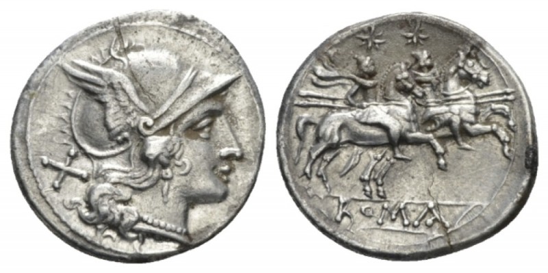 Denarius after 211, AR 20mm., 4.12g. Helmeted head of Roma r.; behind, X. Rev. T...