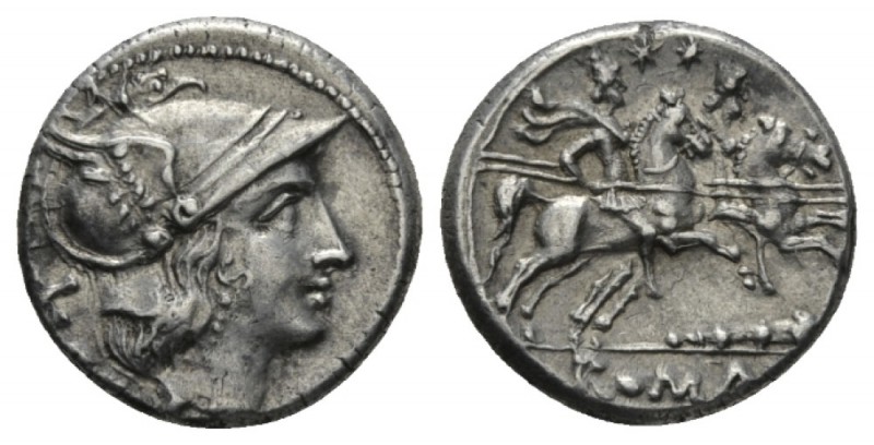 Denarius South East Italy circa 208, AR 18mm., 4.39g. Helmeted head of Roma r.; ...