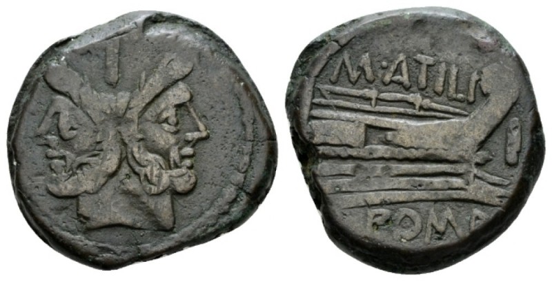 M. Atilius Serranus As 148, Æ 30mm., 24.62g. Laureate head of Janus; above, mark...