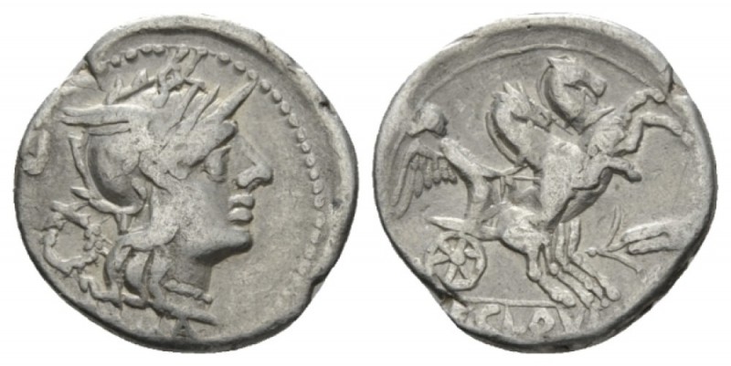 T. Cloelius Denarius 129, AR 20mm., 3.76g. Helmeted of Roma r.; behind, wreath a...