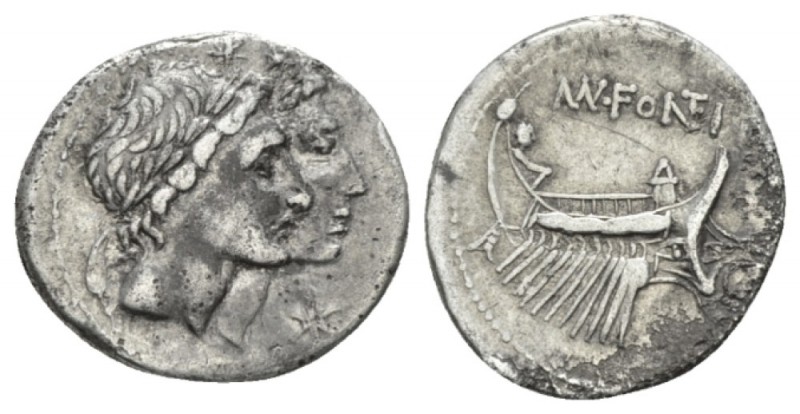 Mn. Fonteius Denarius 108-107, AR 20.5mm., 3.89g. Jugate and laureate heads of t...