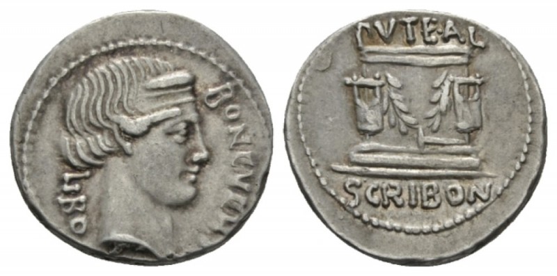 L. Scribonius Libo. Denarius 62, AR 20mm., 4.00g. BON EVENT – LIBO Diademed head...