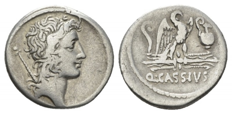 Q. Cassius Longinus Denarius 55, AR 18.5mm., 3.61g. Head of Genius Populi Romani...