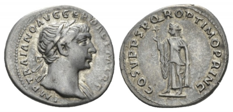 Trajan, 98-117 Denarius 103-111, AR 19.5mm., 3.49g. Laureate bust r., slight dra...