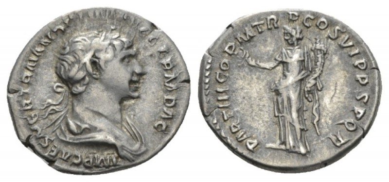 Trajan, 98-117 Denarius 114-117, AR 19.5mm., 3.16g. Laureate and draped bust r. ...