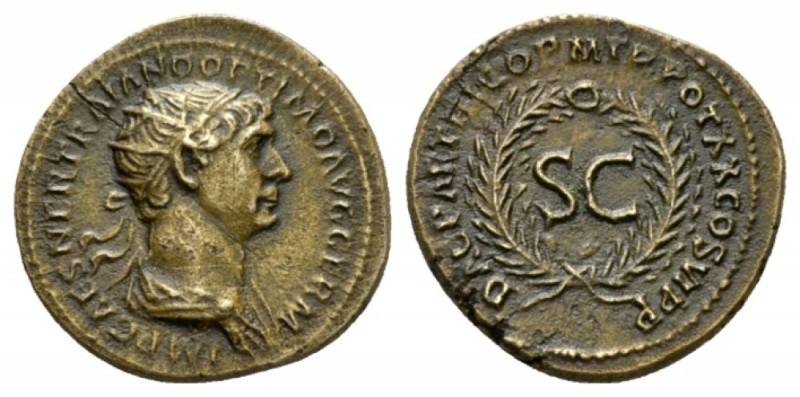 Trajan, 98-117 Semis 114-117, Æ 20mm., 3.84g. Radiate and draped bust r. Rev. DA...