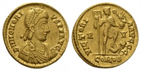 Honorius, 393-423 Solidus Ravenna 402-406, AV 21mm., 4.38g. D N HONORIVS P F AVG Diademed, draped and cuirassed bust r. Rev. VICTORIA AVGG Honorius st...