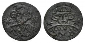 Constantine V, 741-775 Half Siliqua Naples 741-775, AR 15.5mm., 0.58g. Facing bust with short beard wearing crown and loros; in field to l. and r., st...