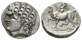 Celtic, Danubian Celts Kroisbach type variant tetradrachm circa 100-50, AR 24mm., 12.51g. Male head l. Rev. Horse pacing l. on torque; above, crested ...