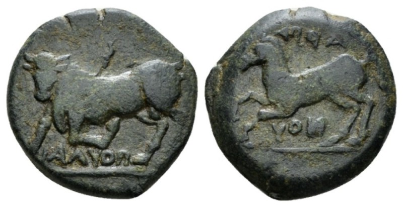 Apulia, Arpi Bronze circa 275-250, Æ 22mm., 8.54g. Bulla charging l.; below ΠOYΛ...