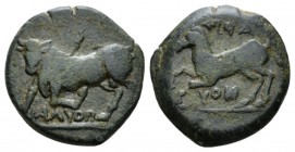 Apulia, Arpi Bronze circa 275-250, Æ 22mm., 8.54g. Bulla charging l.; below ΠOYΛAI (reverted). Rev. APΠA/NOY (reverted) Horse galloping left. Historia...