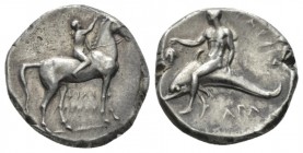 Calabria, Tarentum Nomos circa 302-280, AR 21.5mm., 7.83g. Youth on horseback r., holding reins and crowning horse; behind, ΣA and below ΦIΛI/APXOΣ in...