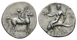 Calabria, Tarentum Half Shekel circa 212-209, AR 19mm., 3.70g. Nude youth on horseback r., placing wreath on horse's head; above, KΛΗ and belwo ΣΗΡΑΜ-...