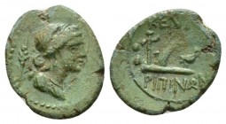 Sicily, Centuripae Hexas circa 211-210, Æ 16.5mm., 2.25g. Head of Demeter r.; behind, ear of corn. Rev. Plough. ANS 1322. Calciati 7. Campana 5 A/a.
...
