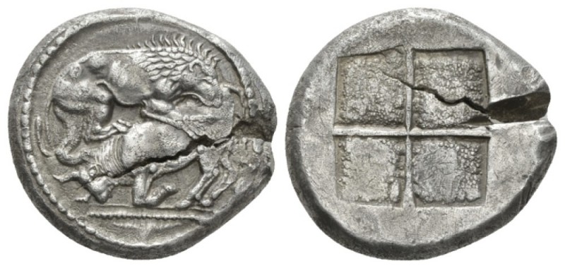 Macedonia, Acanthus Tetradrachm circa 525-470, AR 26.5mm., 17.15g. Lion r., atta...