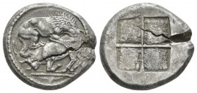 Macedonia, Acanthus Tetradrachm circa 525-470, AR 26.5mm., 17.15g. Lion r., attacking bull kneeling to l. and biting into his hind quarters. In exergu...