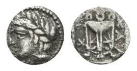 Macedonia, Olynthus Hemiobol circa 400, AR 8mm., 0.29g. Chalkidian League. Circa 400 BC. AR Hemiobol (7mm, 0.25 g, 2h). Olynthos mint. Laureate head o...