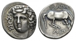Thessaly, Larissa Drachm circa 356-342, AR 18.5mm., 6.11g. Head of the nymph Larissa facing slightly left, with hair in ampyx . Rev. ΛAPIΣ AIΩN above ...