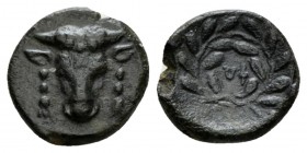 Phocis, Bronze after 351, Æ 15mm., 2.58g. Facing bull’s head. Rev. Concave flan, ΦΩ in laurel wreath without berries tying above. BCD Lokris-Phokis 34...