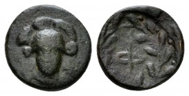 Phocis, Bronze circa 347-346, Æ 13.5mm., 2.48g. Athena helmeted very slightly to the l. Rev. Large Φ of “compressed” or “squashed” style in laurel wre...