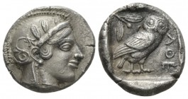 Attica, Athens Tetradrachm circa 460-450, AR 26.5mm., 17.34g. Helmeted head of Athena r. Rev. ΑΘΕ Owl standing r,, head facing, olive twig and crescen...