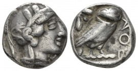 Attica, Athens Tetradrachm circa 359-336, AR 23.5mm., 17.03g. Helmeted head of Athena r. Rev ΑΘΕ Owl standing r., head facing, olive twig and crescent...