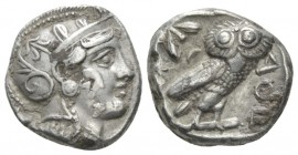 Attica, Athens Tetradrachm Late 4th early III century, AR 21.5mm., 17.00g. Helmeted head of Athena r. Rev ΑΘΕ Owl standing r., head facing, olive twig...