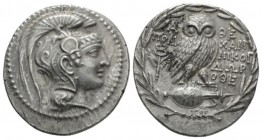 Attica, Athens Tetradrachm circa 165-164, AR 31mm., 16.82g. Head of Athena r., wearing crested Attic helmet. Rev. Owl standing r., head facing, on amp...