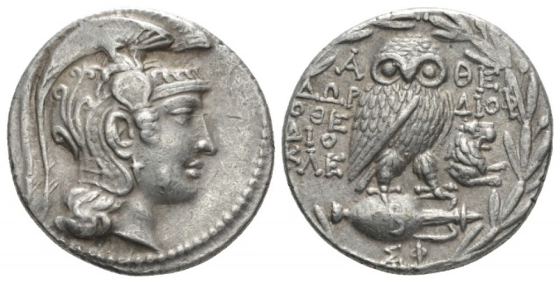 Attica, Athens Tetradrachm circa 164-163, AR 29.5mm., 16.91g. Helmeted head of A...