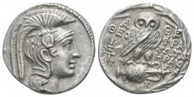 Attica, Athens Tetradrachm circa 130-129, AR 28.5mm., 16.78g. Helmeted head of Athena r. Rev. Owl standing r., head facing, on amphora; winged thunder...