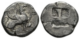 Ionia, Teos Stater circa 510-490., AR 22.5mm., 11.80g. Griffin seated r., with left forepaw raised; in lower field r., heron. Rev. Quadripartite incus...