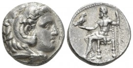 The Seleucid Kings, Babylon Tetradrachm circa 311-305, AR 24.5mm., 16.48g. Head of Herakles r., wearing lion skin. Rev. Zeus Aëtophoros seated l.; in ...