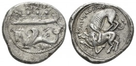 Phoenicia, Uzzibaal, circa 365-350. Byblus Shekel 365-350, AR 25.5mm., 13.20g. Galley l. with helmeted hoplites, holding shield; below, winged sea-hor...