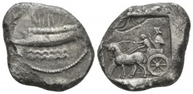 Phoenicia, Sidon Double Siglos circa 425-400, AR 30.5mm., 28.19g. War galley sailing l. over two bands of waves below; above, date. Rev. King of Persi...