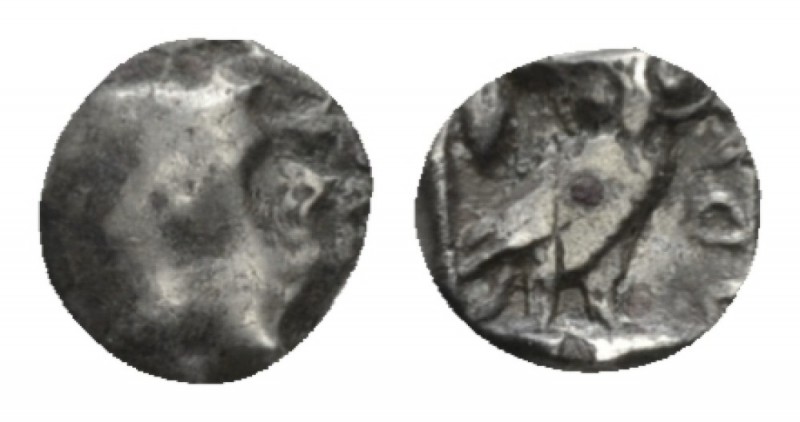 Judaea, Yehud coinage Obol circa IV cent BC, AR 6mm., 0.30g. Head of Athena faci...