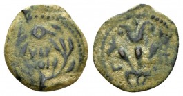 Judaea, Valerius Gratus, 15-26 Jerusalem Prutha circa 16/17 year 3 of Tiberius, Æ 16mm., 1.85g. IOY/ΛIA in two lines within wreath tied at the top. Re...