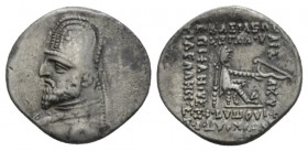 Parthia, Mithradates III, 87-79 BC. Rhagai Drachm circa 87-79, AR 20.5mm., 3.88g. Bust l., wearing tiara decorated with stars. Rev. Archer (Arsakes I)...