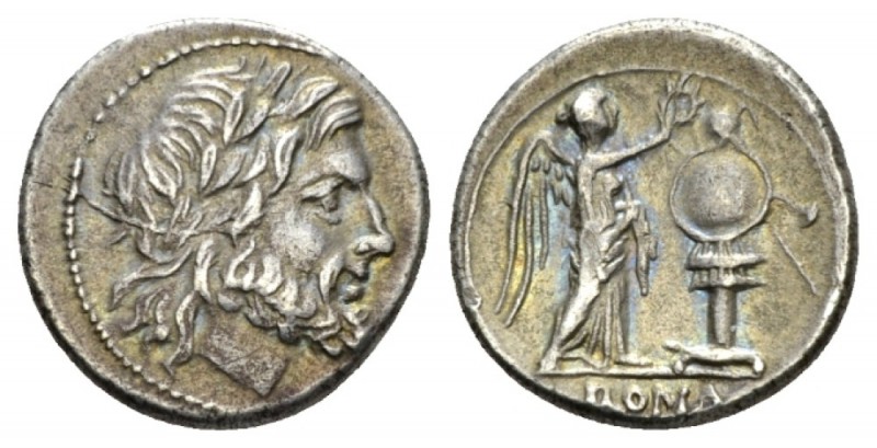 Victoriatus Sicily circa 211-208, AR 17mm., 3.07g. Laureate head of Jupiter r. R...