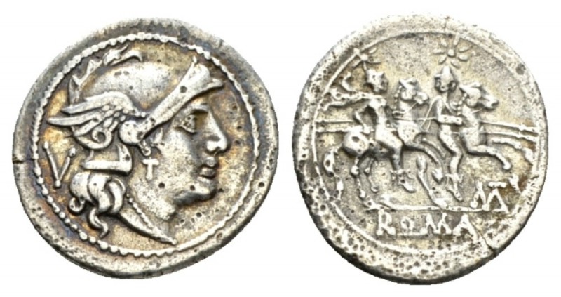 Quinarius Apulia (?) 211-210, AR 16.5mm., 1.80g. Helmeted head of Roma r.; behin...