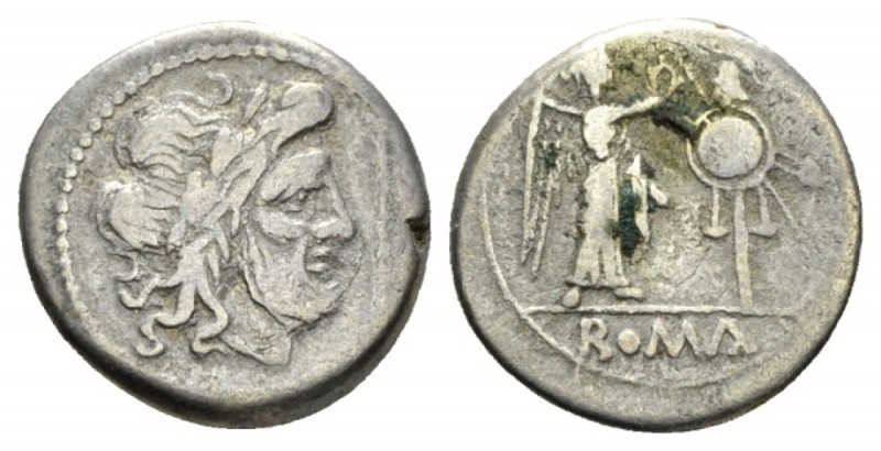 Victoriatus circa 206-195,, AR 17mm., 2.96g. Laureate head of Jupiter r.; before...