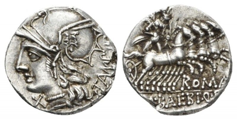 M. Baebius Q.f. Tampilus. Denarius 137, AR 18.5mm., 3.88g. Helmeted head of Roma...