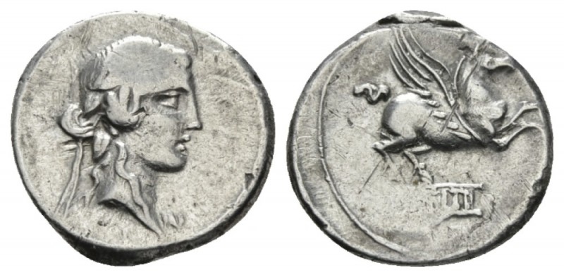 Q. Titius. Denarius 90, AR 18.5mm., 3.75g. Ivy-wreathed head of Bacchus r. Rev. ...